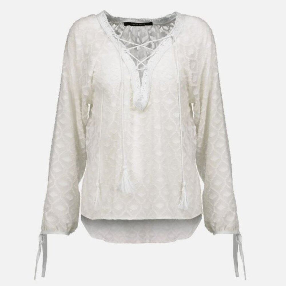 Walter Baker || Natalia Sheer Lace-Up Crochet-Trimmed Blouse
